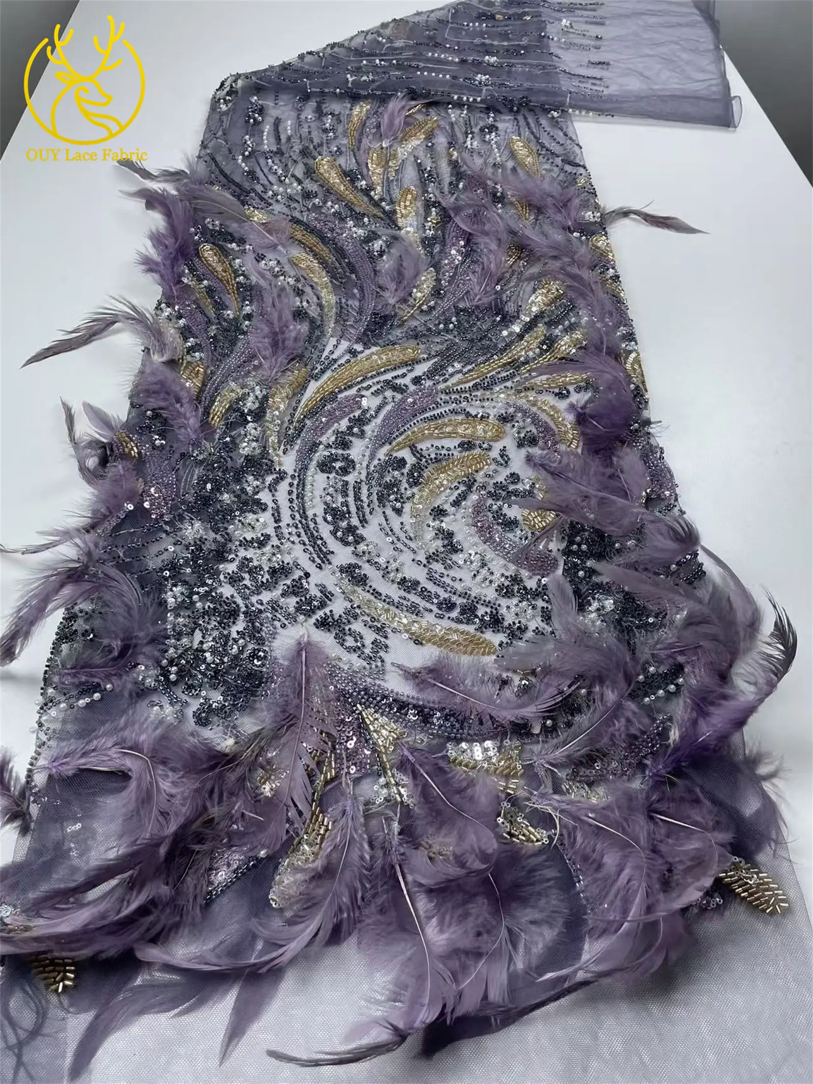 Mais recente tecido de renda de penas 3d europeu 2025 luxo nigeria artesanal frisado lantejoulas tecido de renda casamento banquete vestido material