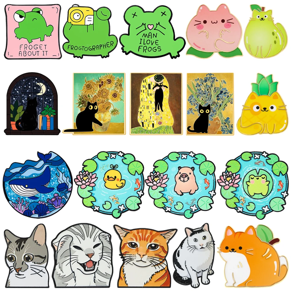 Cute Animal Enamel Brooches Lapel Pins Camera Frog Fruit Cat Window Sill Oil Painting Whale Fun Metal Badge Punk Jewelry Gift