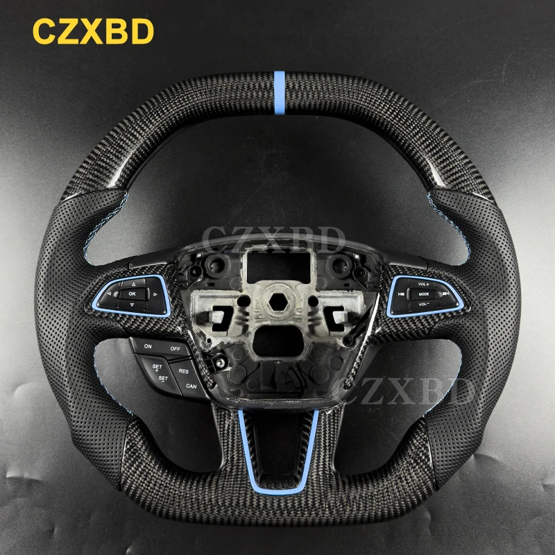 Flat Shape For Ford Focus RS MK3 2015 2016 2017 2018 Glossy Black Carbon Fiber Steering Wheel Blue Marker Sewing Line Customized