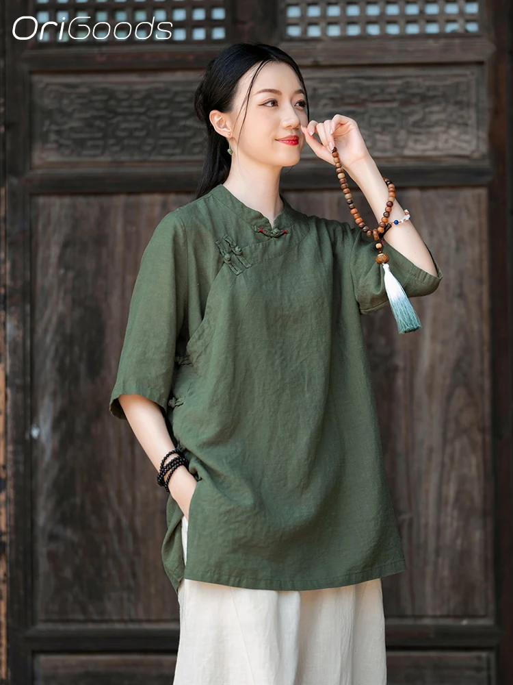 OriGoods Lyocell Camicetta di Lino Loose Fit Camicia di Lino Estiva Donna 2025 Nuovi Abiti Tradizionali Cinesi Sottile Fresco Estate Magliette E Camicette C132