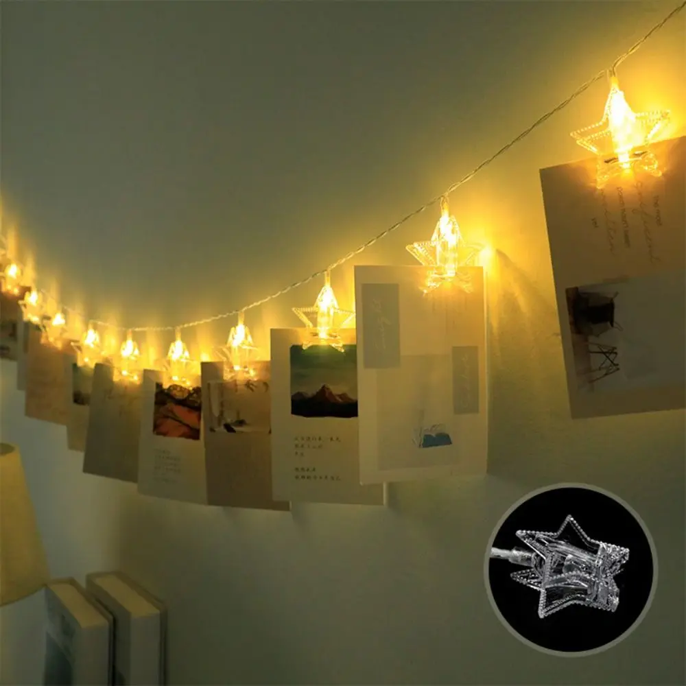 Clips de fotos de 3m, luces de hadas, estrellas, Clip de tarjeta alimentado por batería, cadena de luces LED de plástico brillante, luces de decoración de pared para fotos