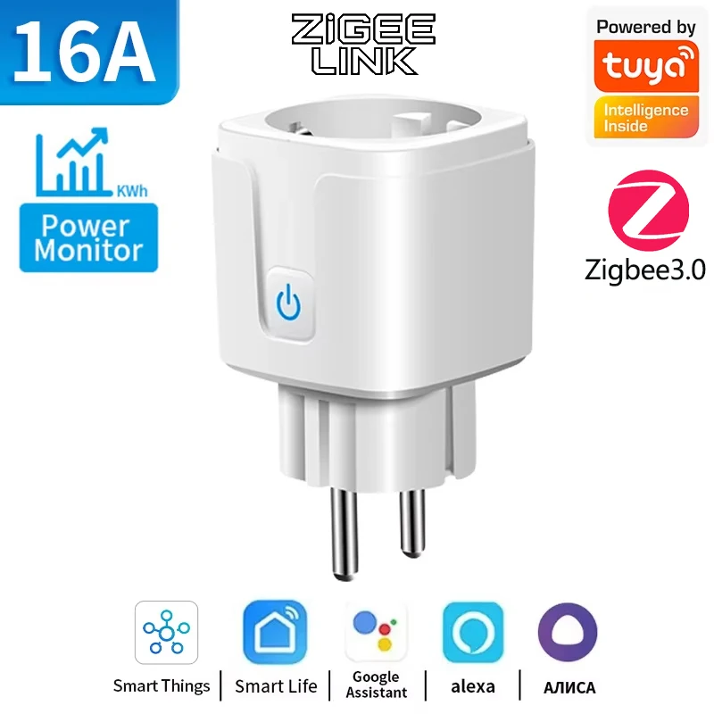 Slimme WiFi/Zigbee-stekker EU-aansluiting 16A/20A met energiemonitoring, timerfunctie, spraakbesturing Alexa, Google Home, Alice