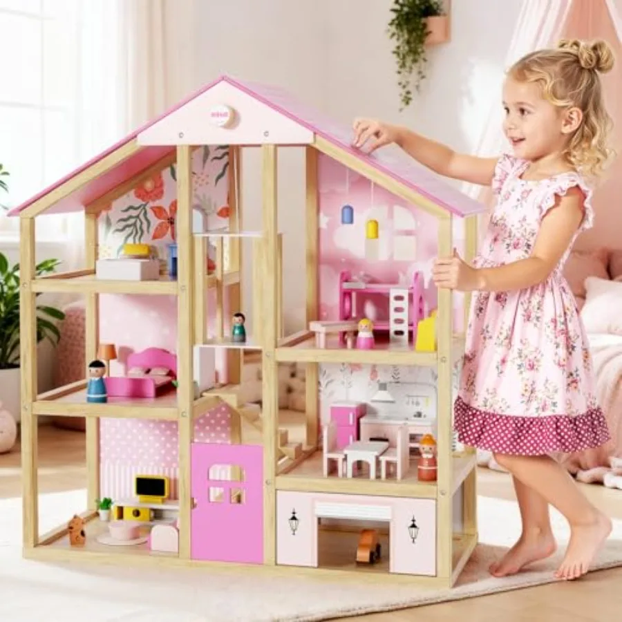 

Wooden dollhouse for girls: pink, solid wood, modern 5-room design with elevator garage, 39 furniture accessoriesideal for todd