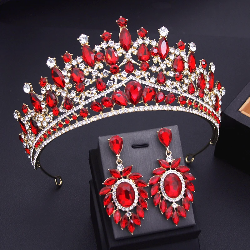 Red Crystal Tiara Sets Bridal Crown for Wedding Birthday Party Princess Queen Tiaras and Crown Hair Jewelry Bride Crown Set