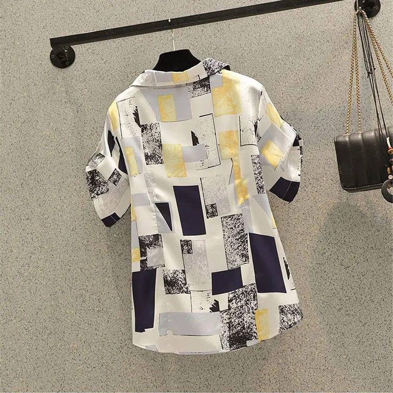 Camisa estampada de manga corta para mujer, blusa informal con cordón de un solo pecho, cuello de Polo, ropa empalmada geométrica elegante, Verano