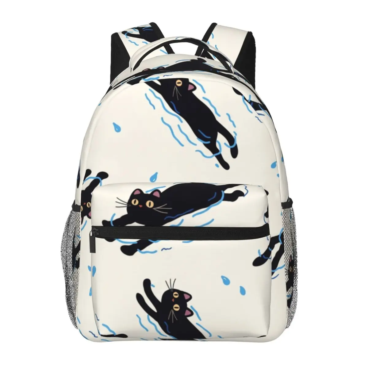 Cool Skull Student Backpack Tossed Swimming Cat Whimsical Illustration Dark Blue White Black Edgy Daypack for School Work Sky