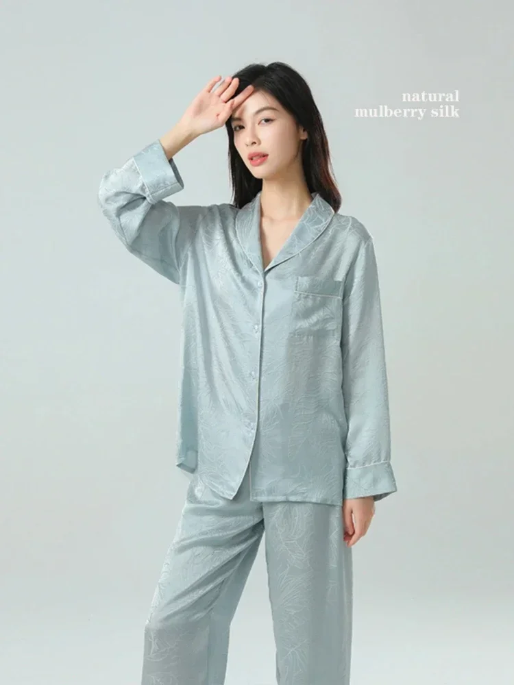 Jacquard 19MM 100% Mulberry Silk Long-Sleeve Pajama Set Two-Piece Nightwear Comfortable Women's Homewear Cardigan Pajamas Suit