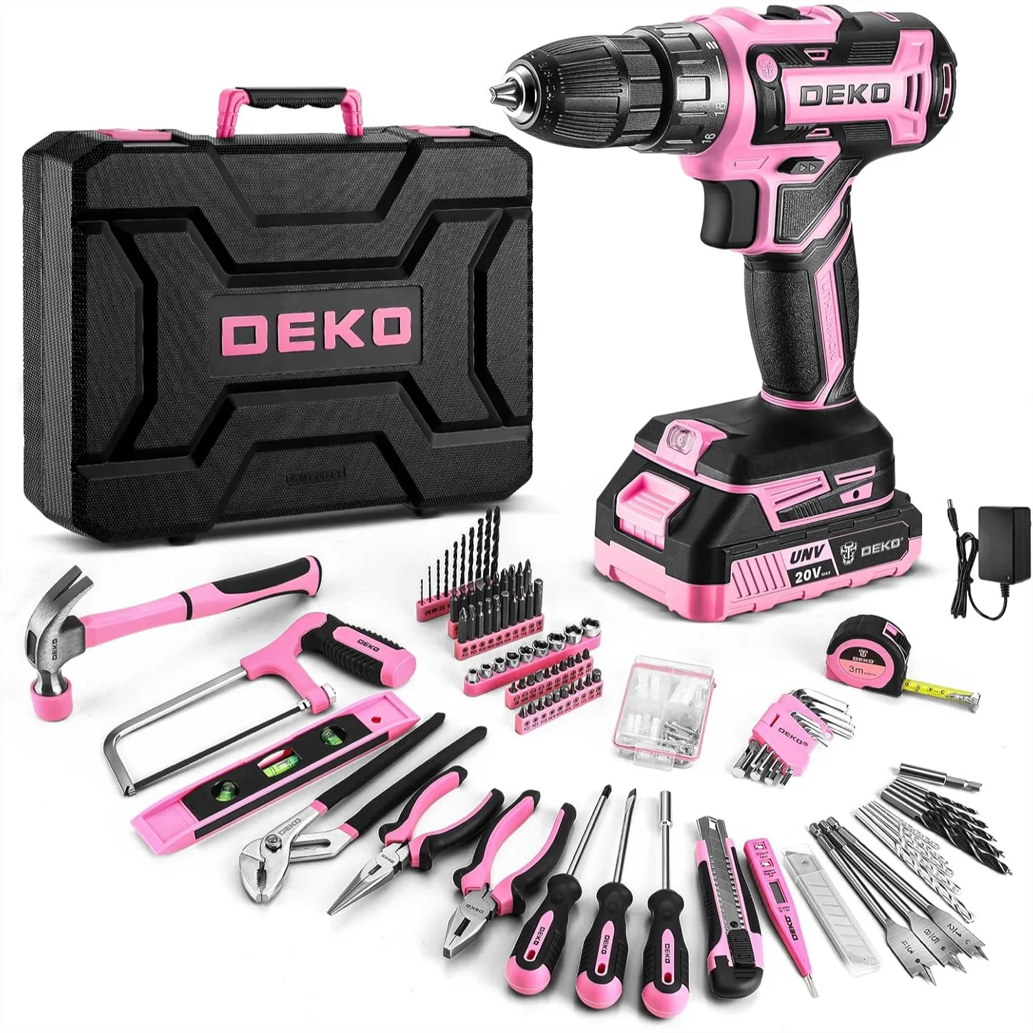 

20V Cordless Pink Power Drill Tool Kit Set with Battery, Rechargeable Electric Drill Driver in Portable Tool Box