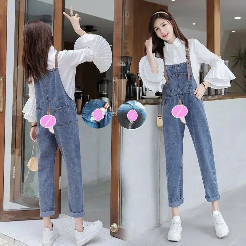 

Outdoor Sex Open Crotch Pants Woman's Invisible Zipper Boyfriend Jeans Denim Overalls Jumpsuit Wide Leg Baggy Vintage Trousers