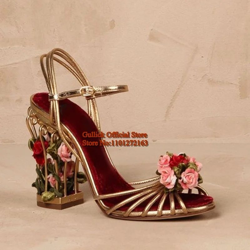Zdjęcie 4: Luksusowe sandały damskie w kształcie klatki dla ptaków, złote metaliczne skórzane sandały na paskach, kwiatowe sandały z paskiem na kostce, buty na przyjęcie weselne dla panny młodej, obcas 8,5 cm