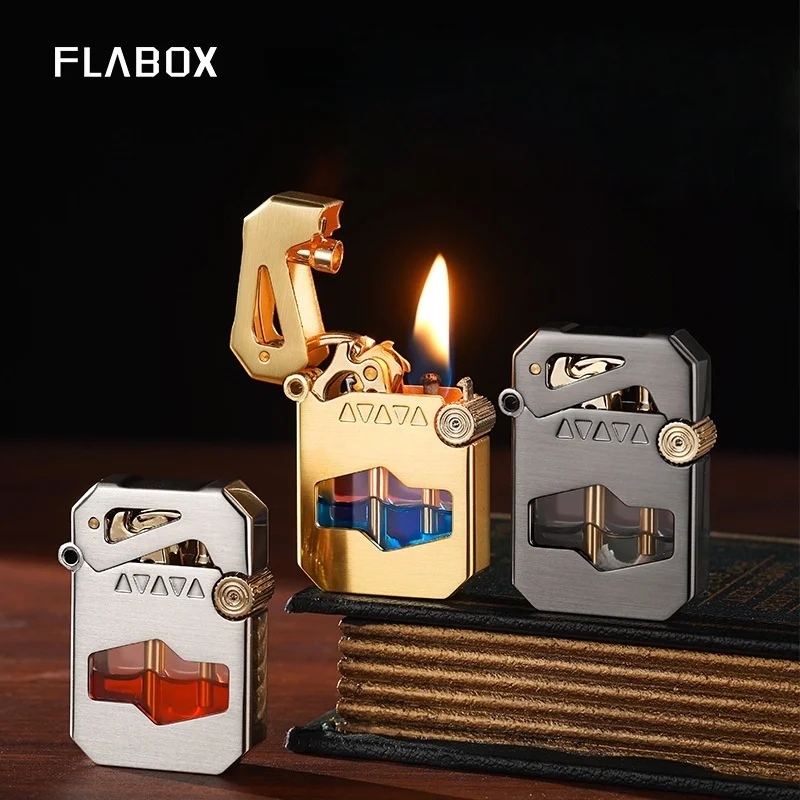 

Metal Retro Grinding Wheel Transparent Oil Tank Open Flame Lighter Mechanical Ejection Ignition Creative Personalized Men's Gift