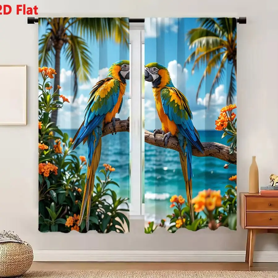2Pcs Curtains 2D Flat Two Vibrant Blue And Yellow Macaws Perched On A Weathered Tree Branch With Tropical Beach Background Windo