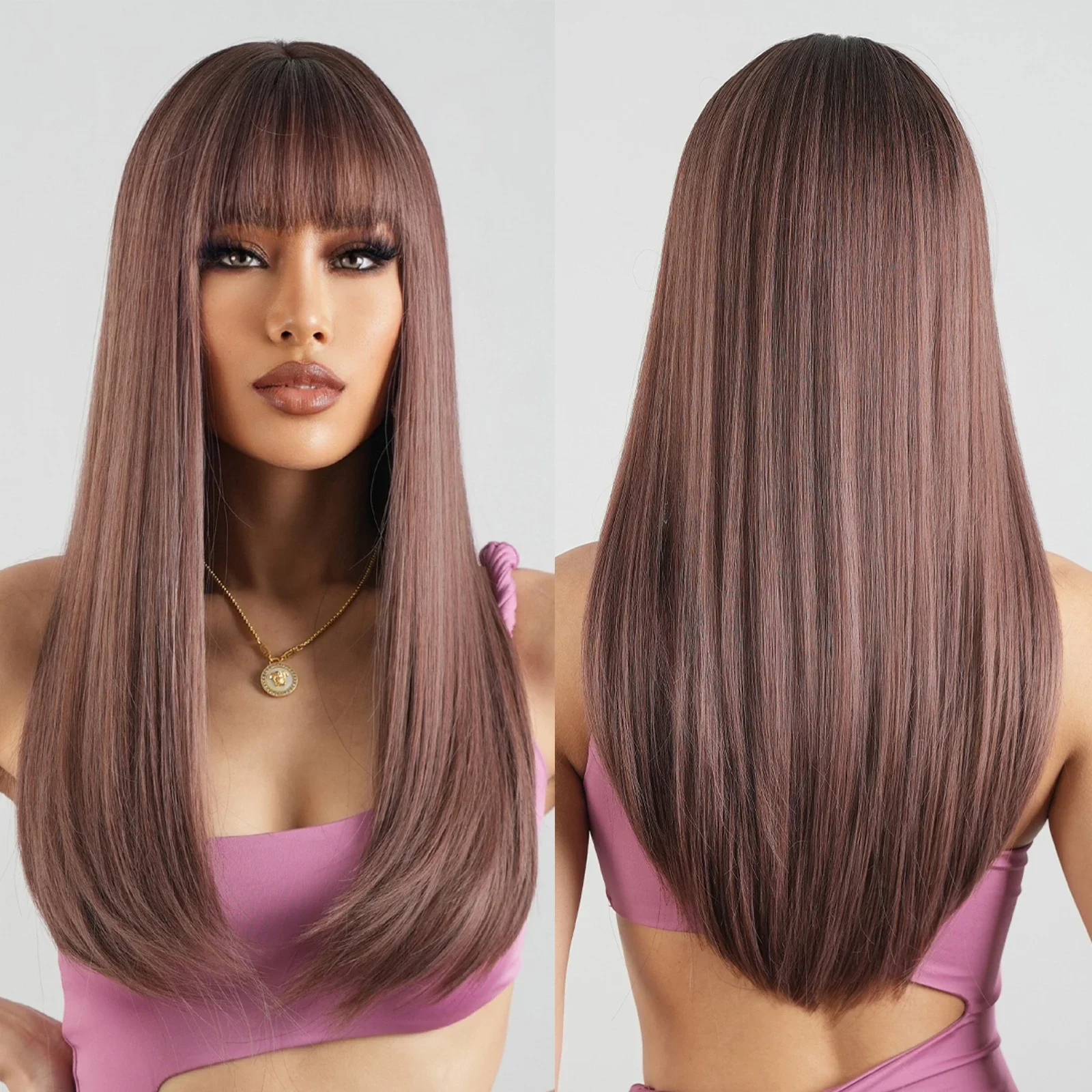 Pink Light Purple Cosplay Synthetic Long Straight Brown Bangs for Women Daily Party Heat Resistant Wigs