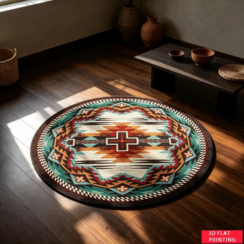 Southwestern Aztec Tribal Geometric Pattern Round Rug For Living Room Decor With Non-Slip Backing And Durable Printed Carpet