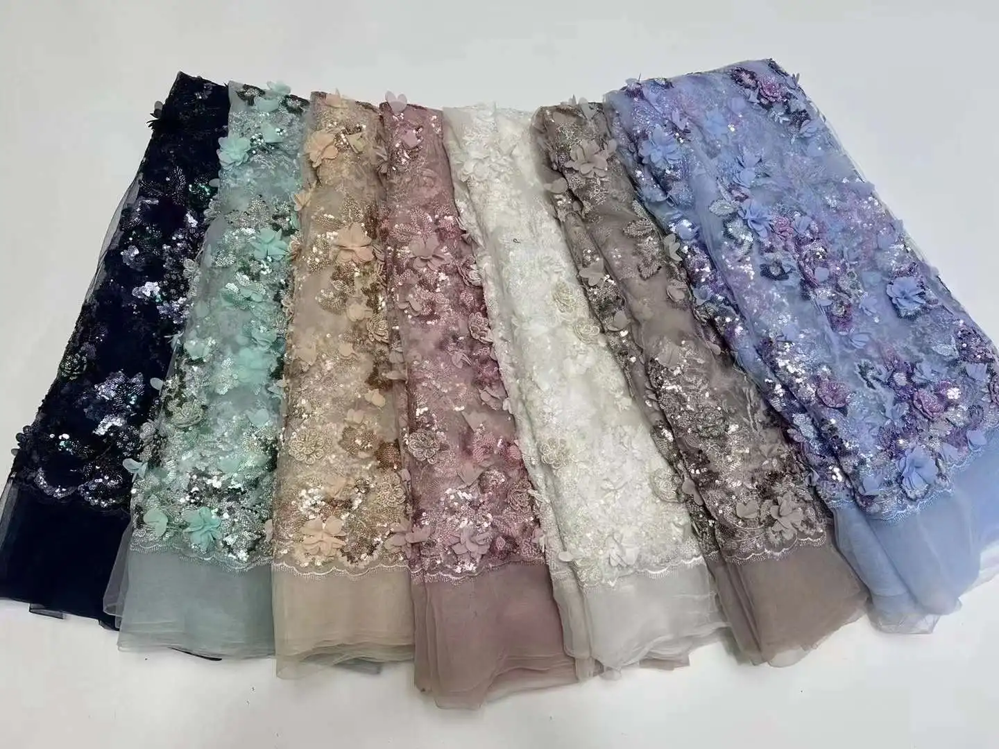 2024 High Quality French Tulle 3D Flower Sequins Lace Fabric African Beaded Lace Fabric 5 Yards For Nigerian Wedding Party Dress