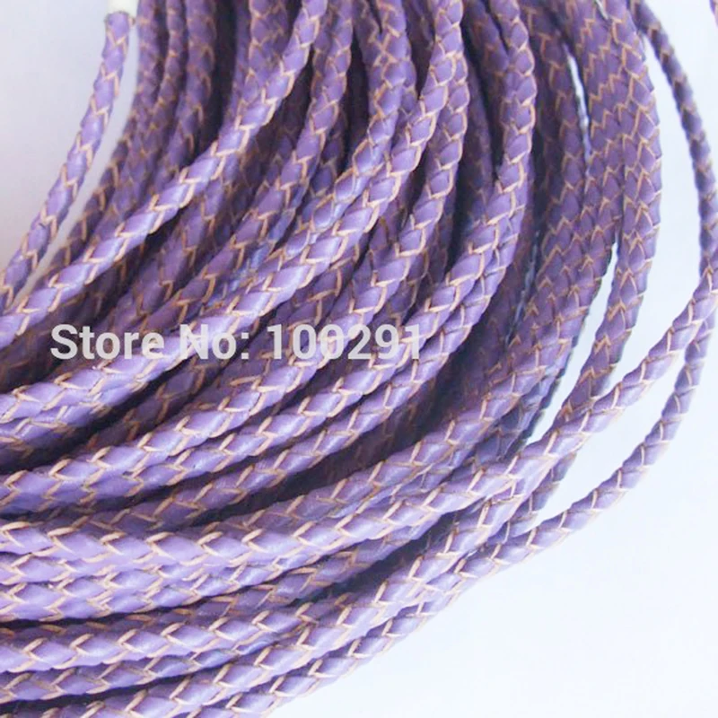 

High quality natural 3mm purple braided geunine leather cord 50meters/roll