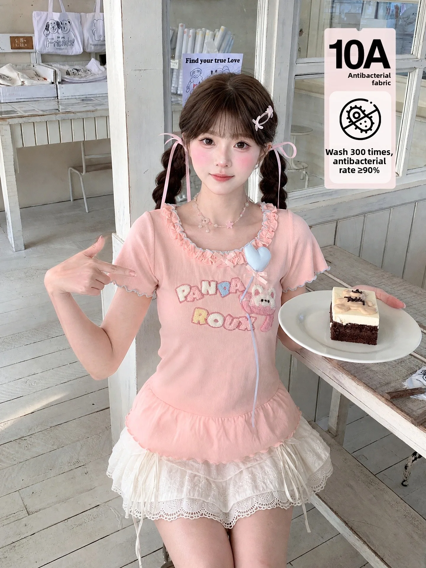 Cute Pink Short Sleeve T-Shirt Women's Summer Dopaamine Style Sweet Cotton Breathable round Neck Top for Young Ladies