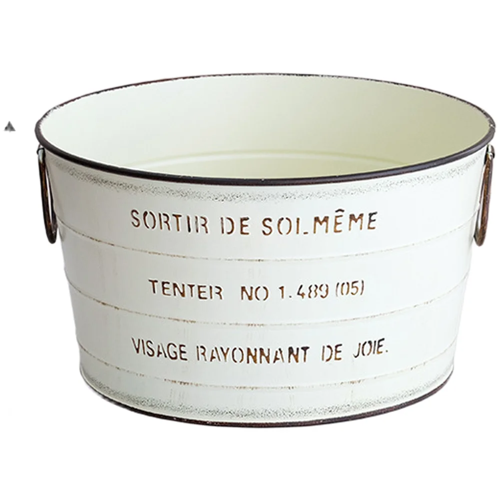 Farmhouse Style Iron Flower Pot Featuring Distressed Finish Embossed Letters Double Handle for Indoor Plant Display