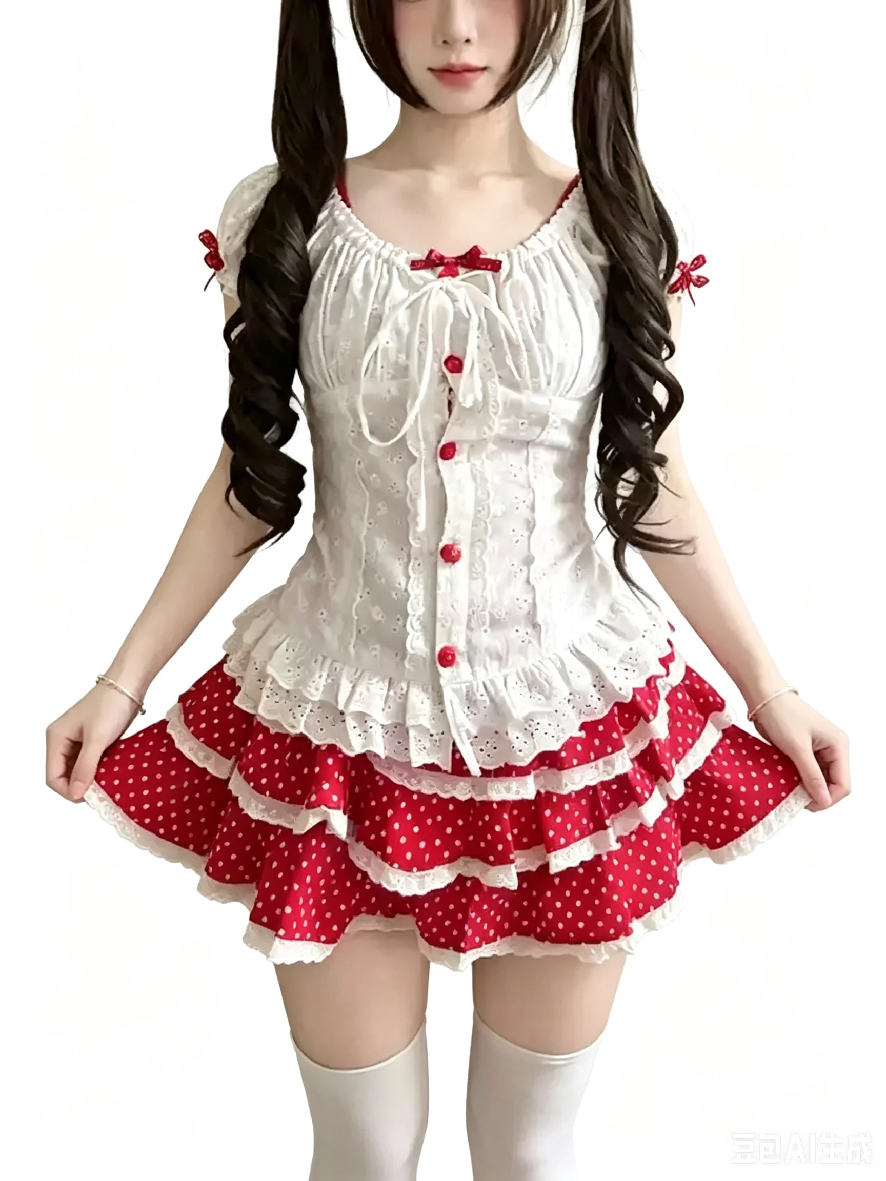 Kawaii Y2K Red Polka Dot Tiered Cake Mini Skirt Elastic High Waist White Lace Ruffle Trim Flowy A-Line Girly Summer Street Skirt
