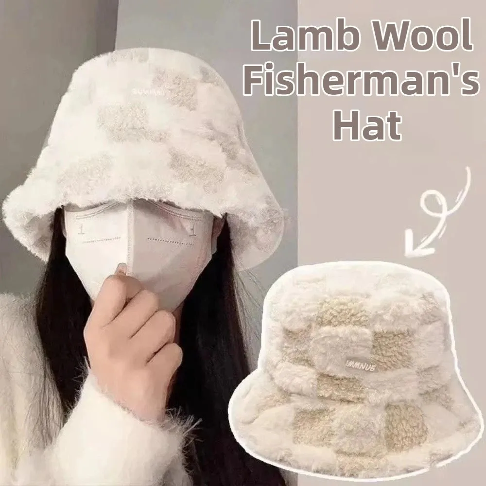 

Cold-proof Cap Plaid Checkered Women Bucket Hat Adjustable Faux Fur Winter Fisherman Hat Thicken Warm Basin Cap Autumn Winter