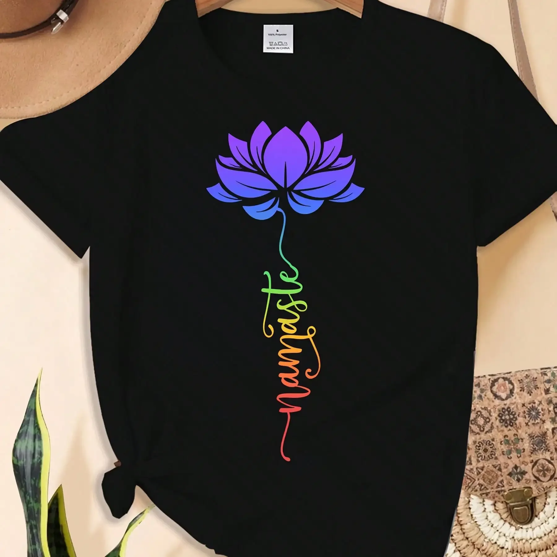 [Vibrant Lotus T-Shirt] Polyester Women's Namaste For Lotus Flower Print Crew Neck T-Shirt | 100% Polyester, Semi-Sheer Lightweight 180gsm Fabric, Machine Washable For Spring & Summer Yoga & Casual Wear,Cute Funny Graphic