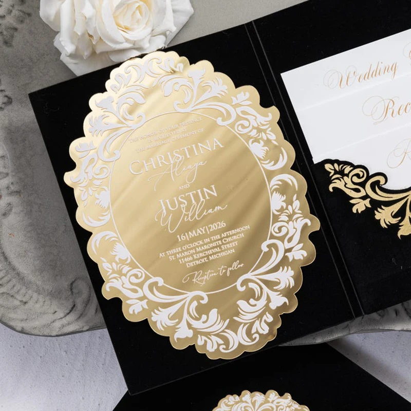 

Custom Plexi Passport Wedding Invitation Gold Silver Mirror Acrylic Carte D'invitation De Mariage For Exhibition Engagement