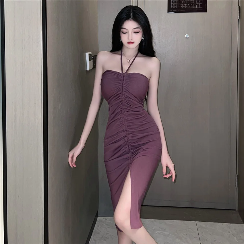 Vestido sin tirantes con cuello Halter para mujer, vestido Sexy sin mangas recortado, vestido ajustado con espalda descubierta para noche, cóctel, fiesta y vacaciones