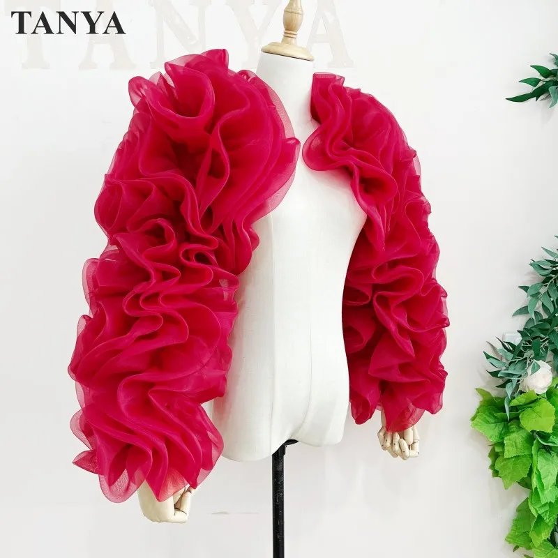 Bladerdeeg Zwart Tule Lange Mouwen Jas Meisjes Overdreven Bolero Jas Donkerrood Bijpassende Avondjurk Vrouwen Formele Elegante Wrap