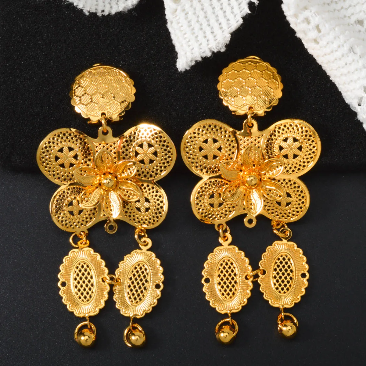 Dubai 18k Gold Plated Copper Necklac Earrings 2pcs Set Bride Wedding Jewelry Set Women Traditional Classic Accessories Gifts
