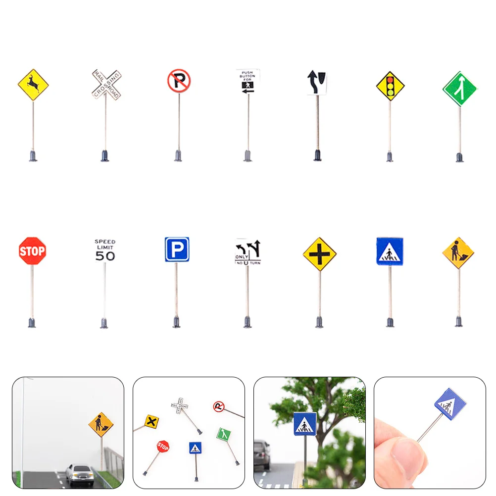 

14 Pcs Micro Landscape Accessories Miniature Barricade Models Sand Table Supply Traffic Signs ABS Plus Stainless Steel