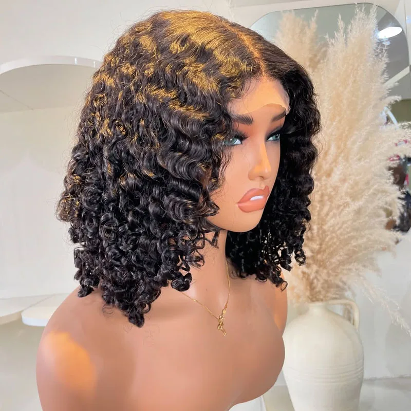 

Easy Wear Short Bob Curly Remy Human Hair Transparent Full Lace Wigs Natural Black 13x6 Lace Front Glueless Remy Wigs for Women