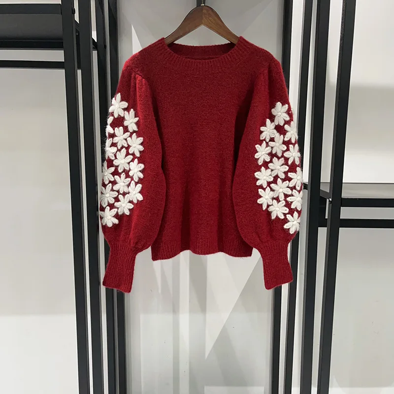 【Gift Free】2025 Autumn Winter Fashion 3D Floral Crochet Puff Sleeve Solid Color Round-Neck Pullover Knit Sweater for Women