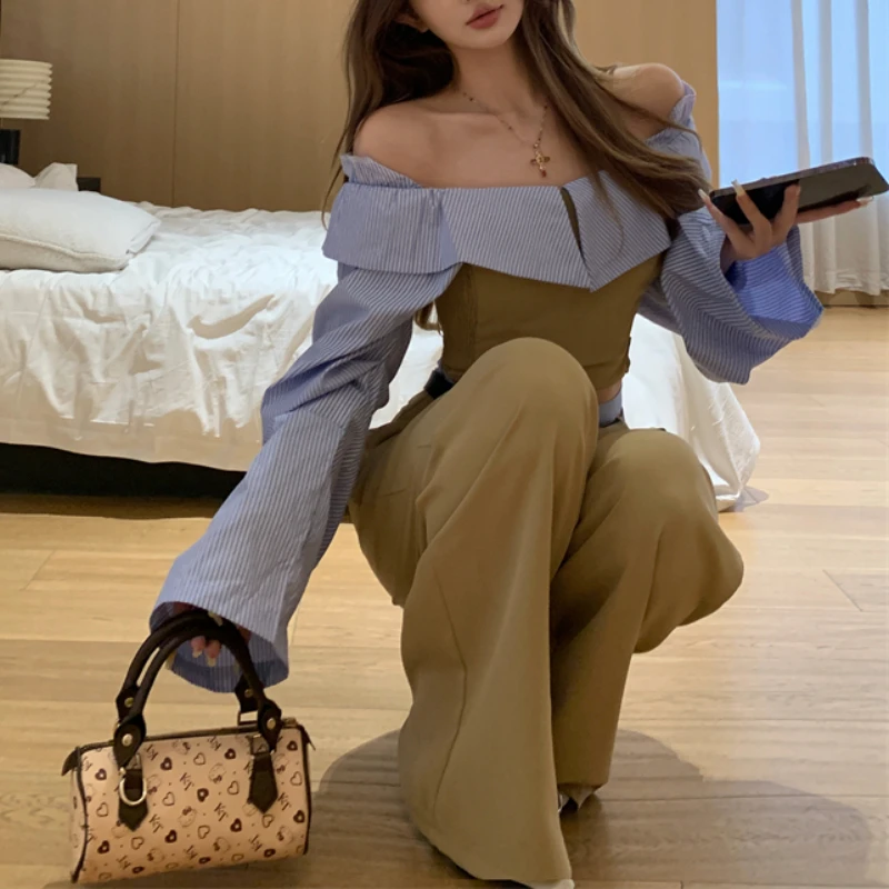 2024 Autumn New Off-shoulder Striped Sexy Long Sleeve Shirt Women + Contrast Color Patchwork Loose Wide Leg Pants Two-piece Suit