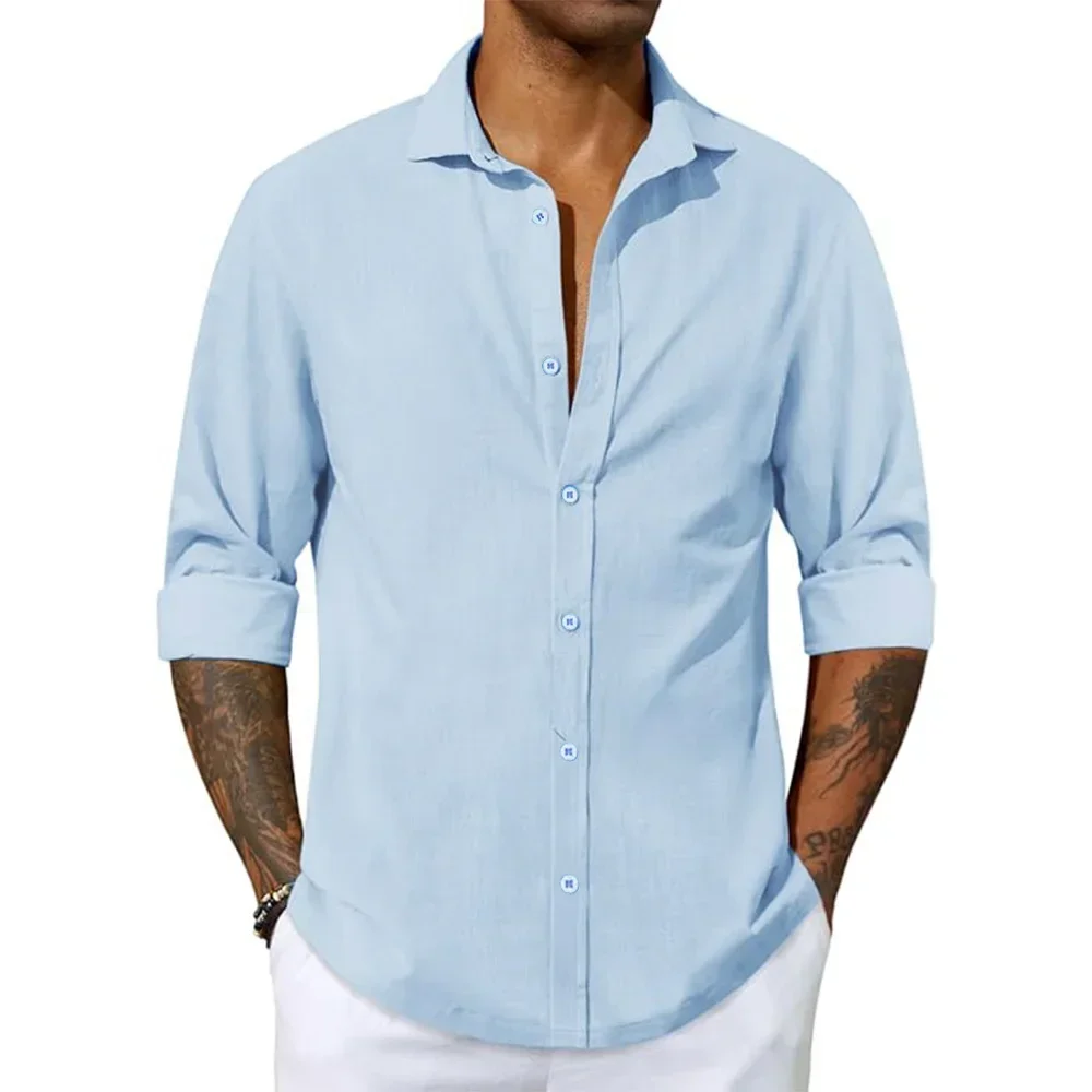 

Summer Beach Shirts Men's Cotton Linen Lightweight Breathable Shirts Casual Button Down Long Sleeve Solid Shirt Turn Down Collar