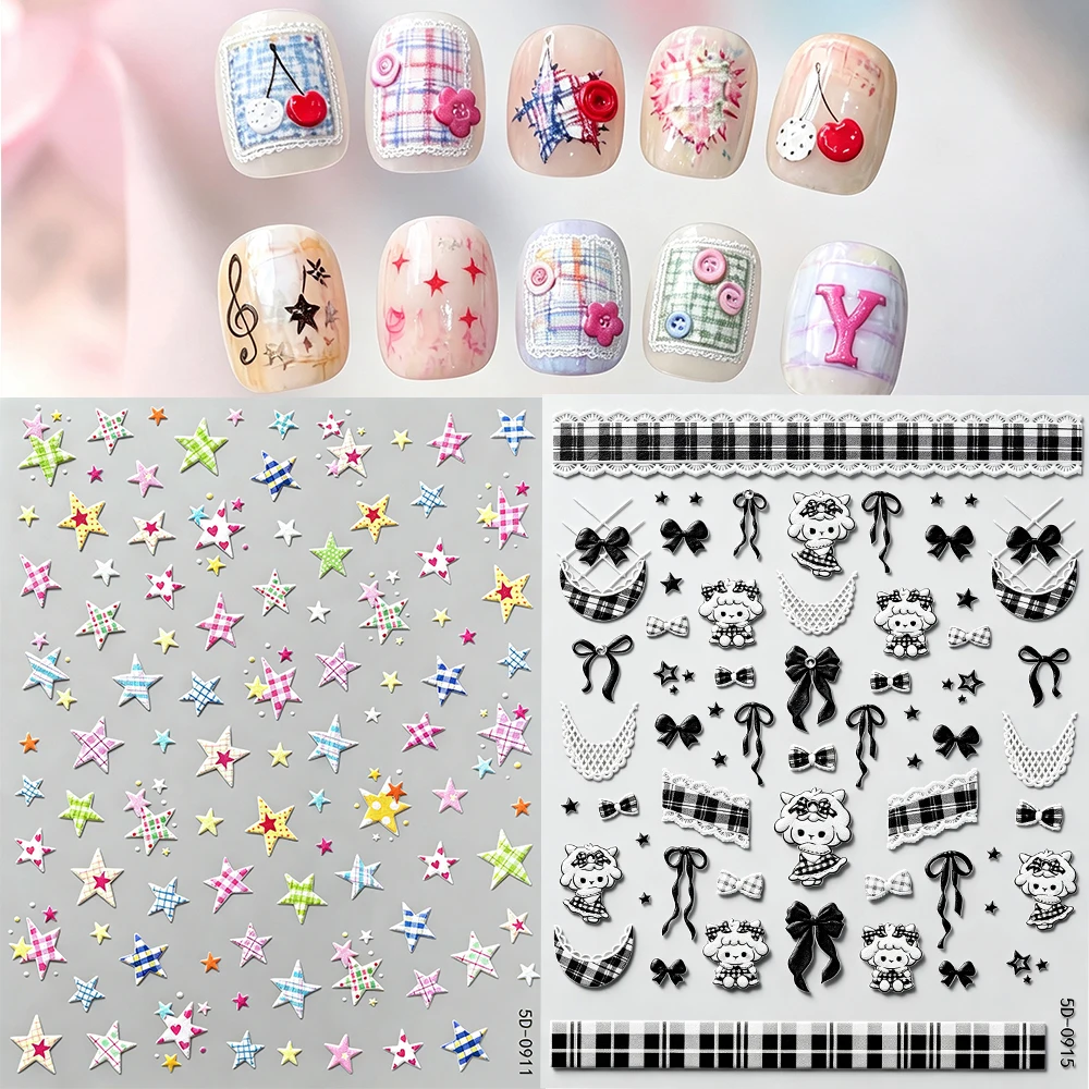 5D Y2K Plaid Star Nail Stickers Colorful Grid Star Nail Decals Self-Adhesive Checkered Star Nail Art Decor DIY Manicure Supplies