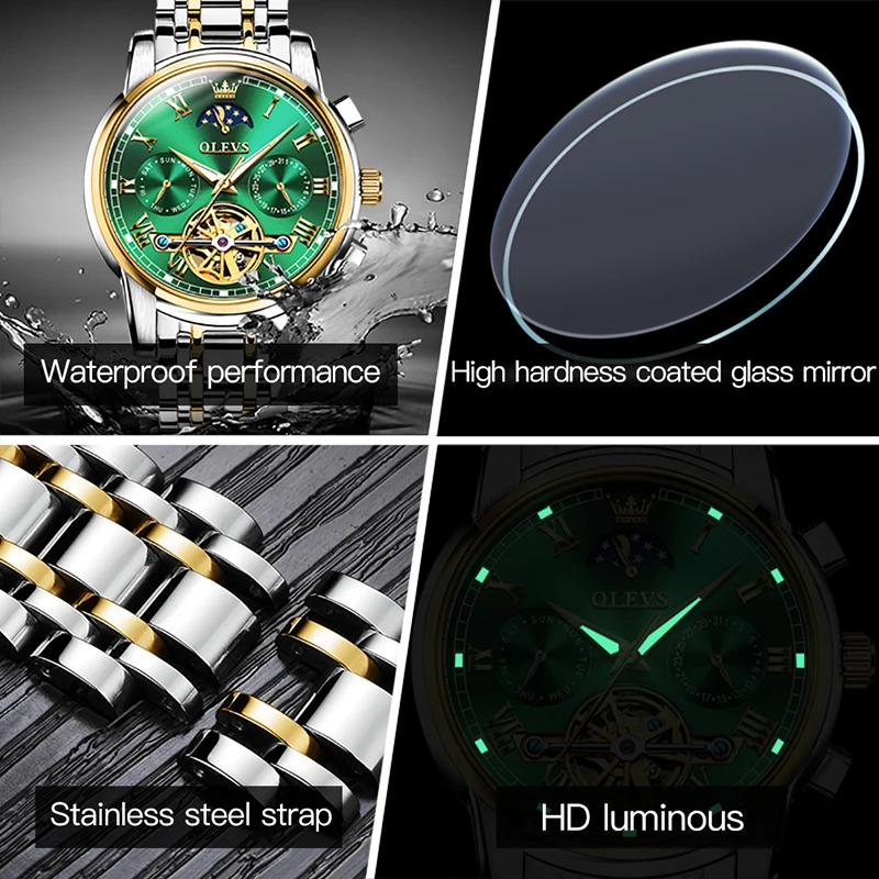 OLEVS Mens Watches Top Brand Luxury Gold Plated Men Green Water Ghost Mechanical Watch Watch Fashion Hollow Dial Waterproof 6617