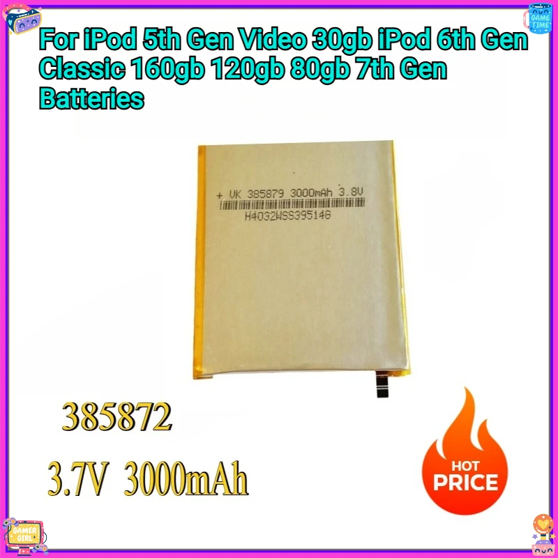 

New 385872 Battery For iPod 5th Gen Video 30gb iPod 6th Gen Classic 160gb 120gb 80gb 7th Gen Batteries