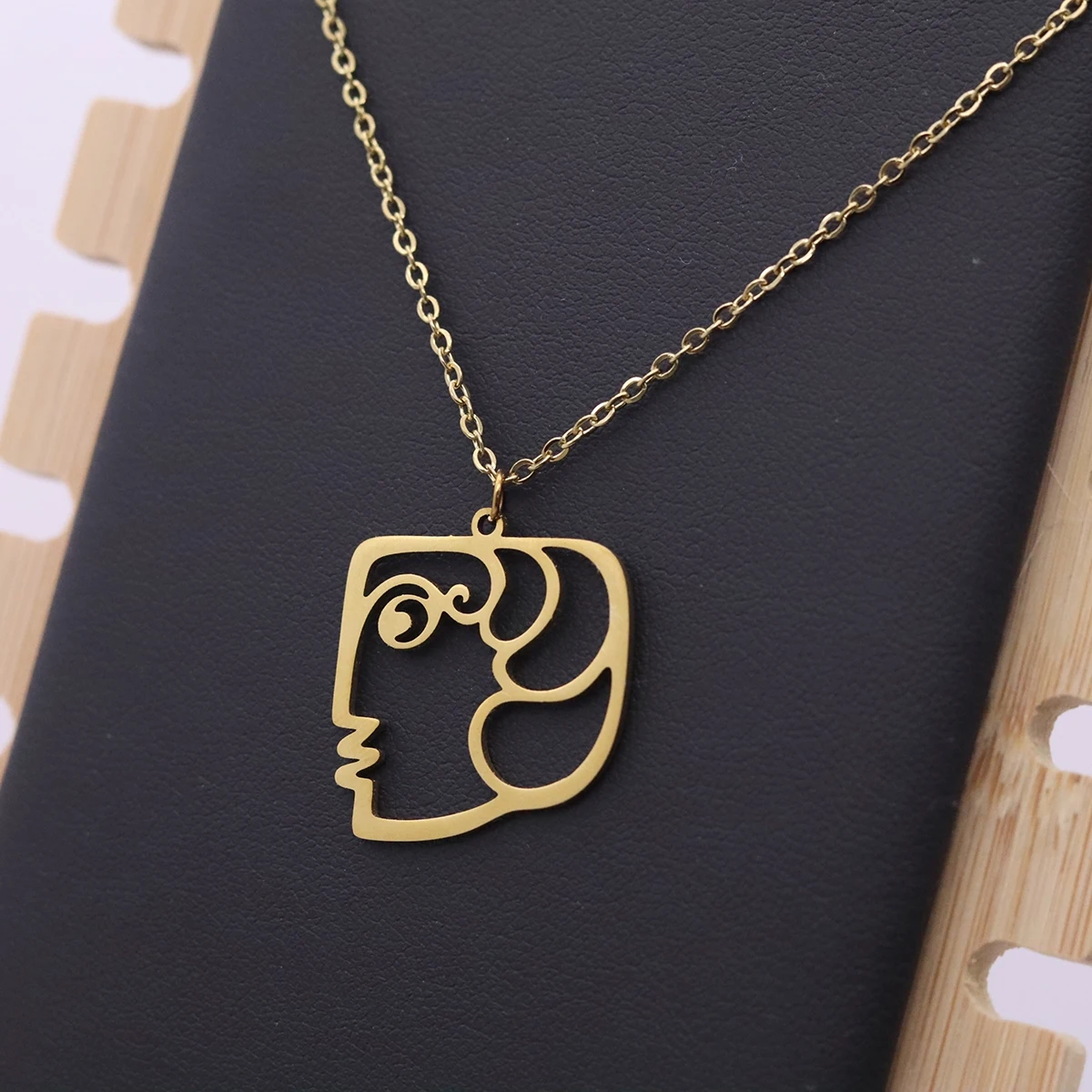Todorova Unique Hollow Line Portrait Necklace Stainless Steel Square Side Profile Pendant For Women Party Statement Jewelry