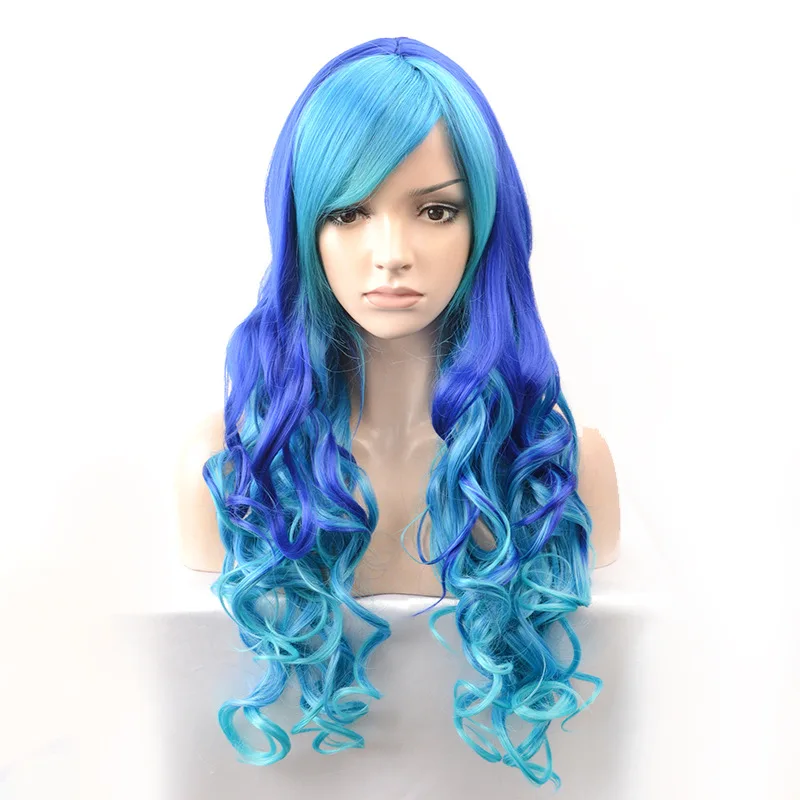 70cm Long Mixed Blue Curly hair Wig with bangs For Women’s Christmas Halloween Cosplay Costume Party Wigs