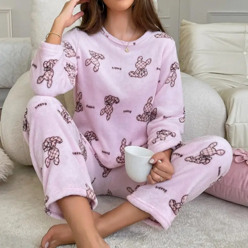

Cartoon Rabbit Flannel Top Pant Women Autumn and Winter New Sleepwear Soft Loungewear 2Pcs Pajamas Suit Home Clothing