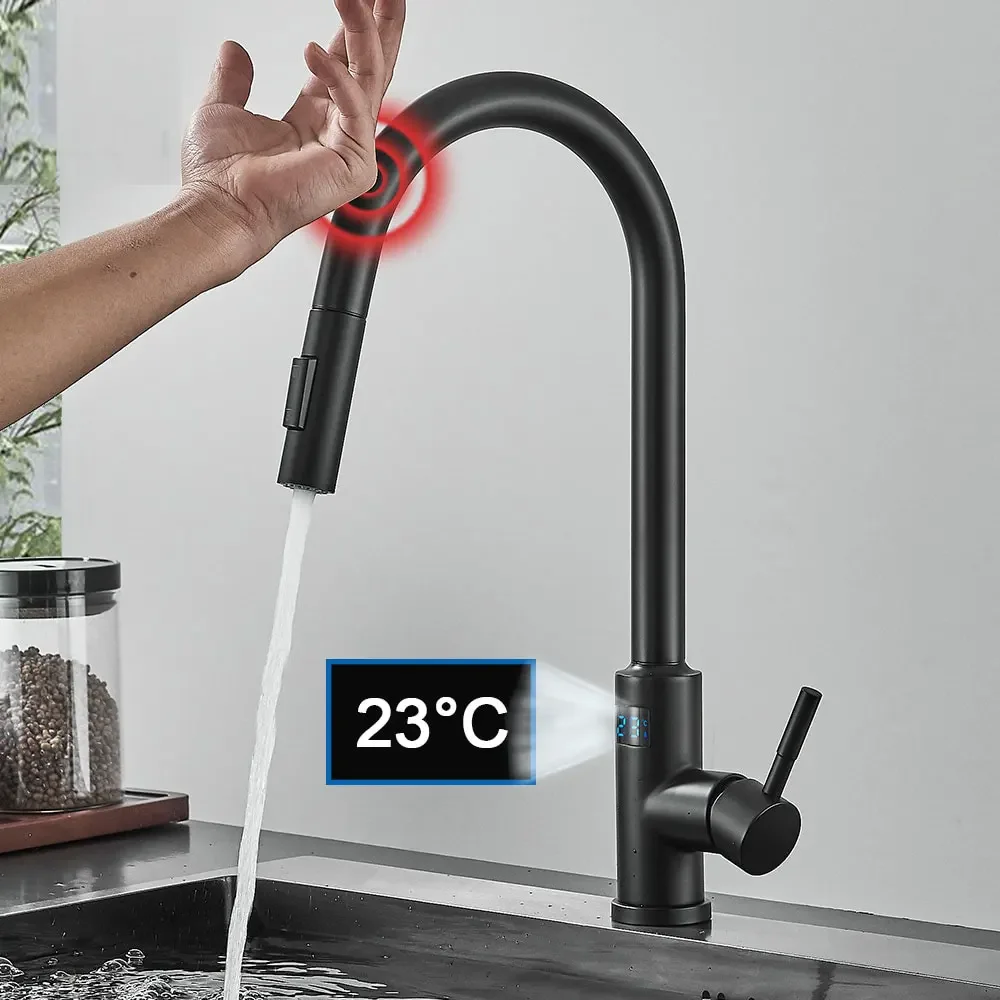 Digital Temperature Display Sensor Kitchen Faucet  Sense Touch Flexible Gourmet Faucets Hot Cold Pull Out Nozzles Mixer Taps