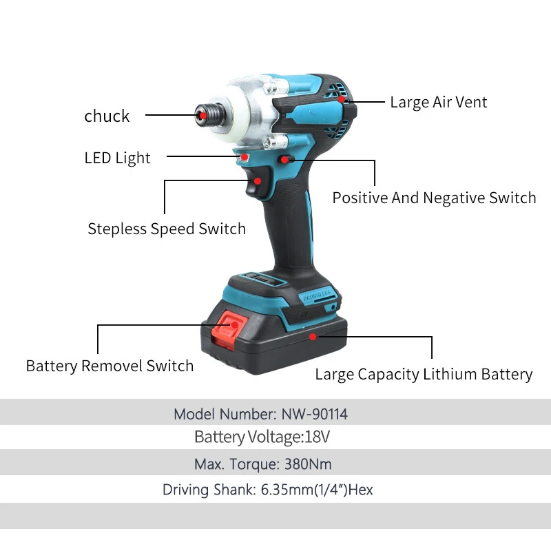 18V 520Nm Brushless Drill Cordless Electric Impact Wrench Rechargeable 1/2 Square Drive Wrench DIY Power Tool For Makita Battery