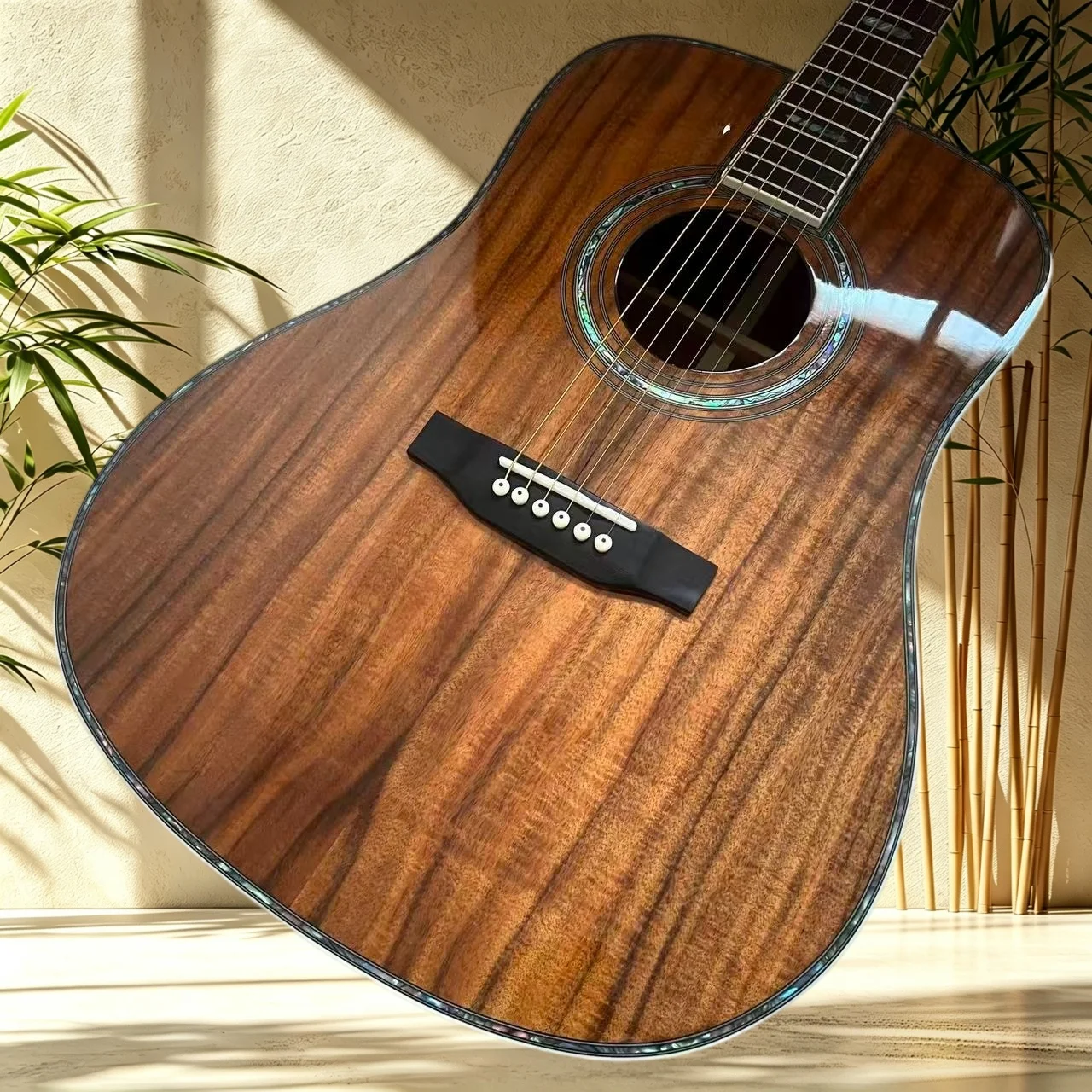D45 Acoustic Guitar All Koa Wood Ebony Fretboard Abalone Soundhole Inlay Singing Fingerstyle Enthusiast Intermediate Practice