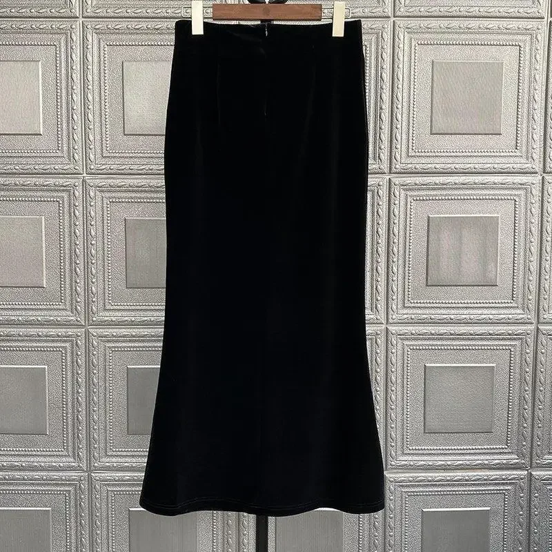 Nowa francuska moda Aksamitna spódnica syrenka Kobiety Wiosna Jesień Owinięte guziki na biodrach Długie spódnice z wysokim stanem Elegancka biurowa dama