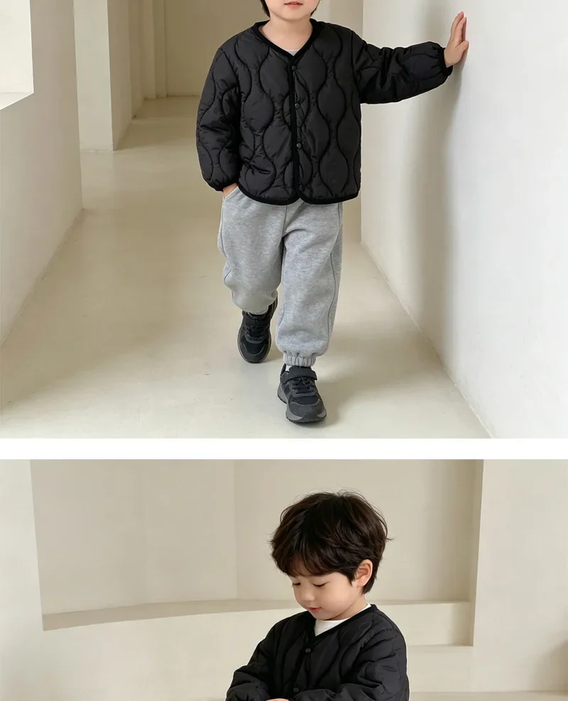 2-7 Jahre Winter Kinder Wattierte Jacke V-Ausschnitt Druckknopf Einfarbiger Mantel für Jungen Mädchen Warme Kinder Oberbekleidung Alltag – Detail 5