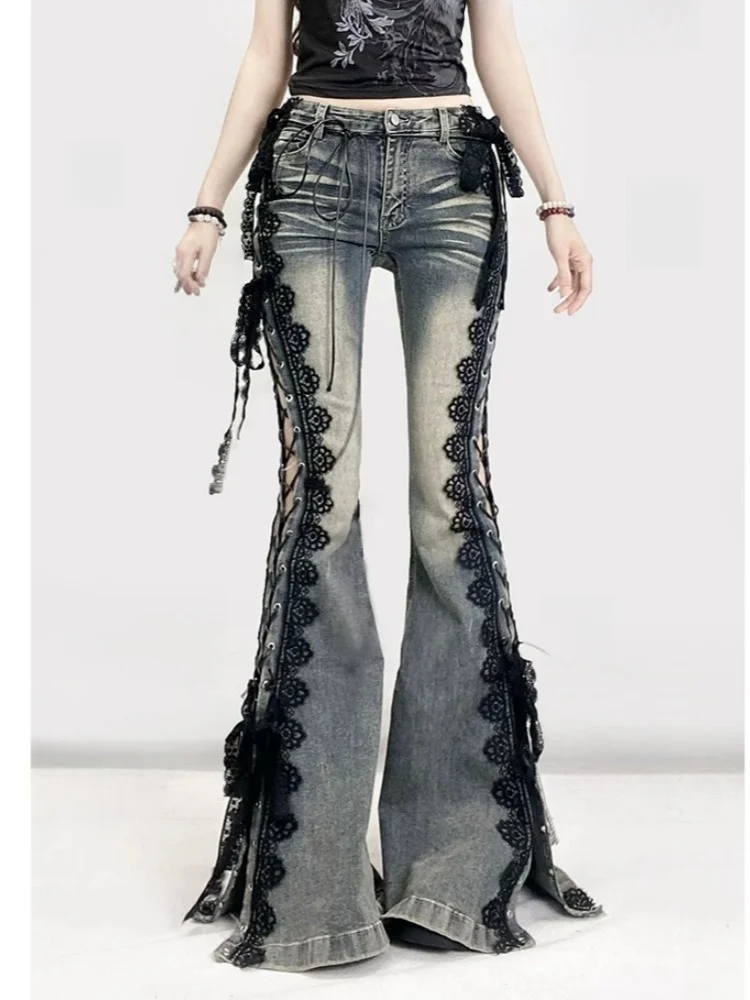 

2025 Ropa Y2K Style Vintage Blue Black Lace Slim Flare Stacked Jeans Pants For Women Clothing Gothic Hotsweet New Denim Trousers