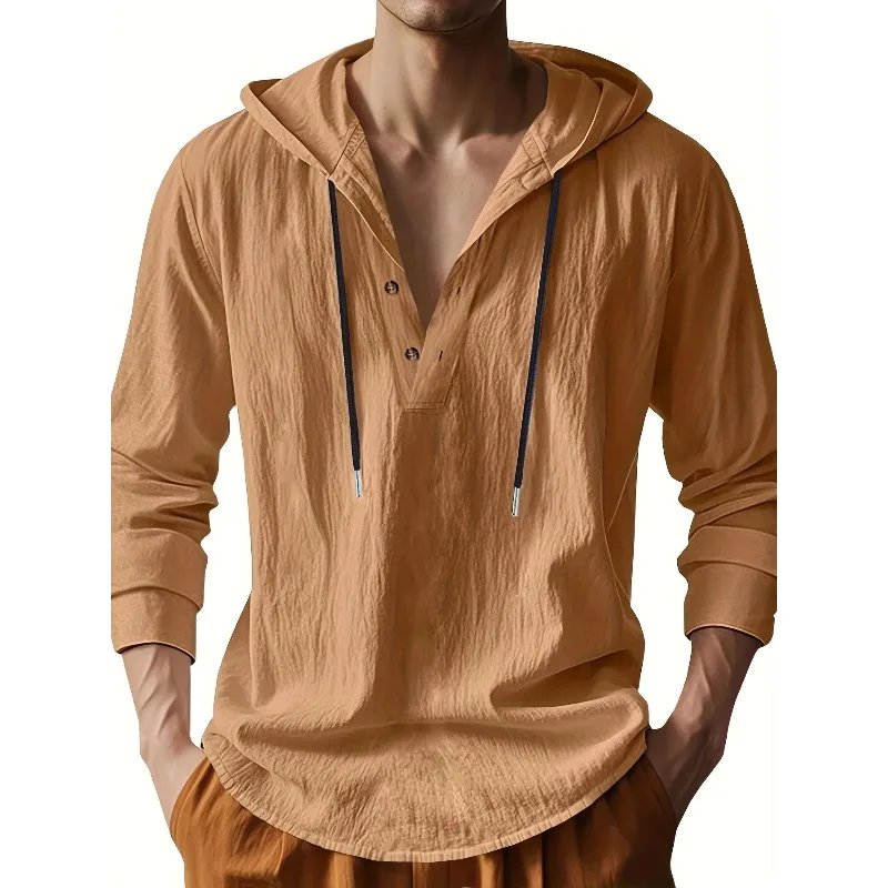 Men's Lightweight Linen Hooded Henley Shirt Casual Long Sleeve Button-Up Drawstring Solid Color