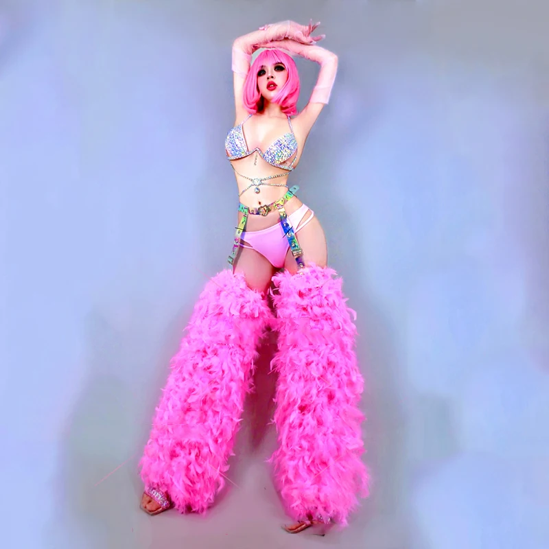 Nightclub Gogo Dance Costume Women Rhinestone Bikini Pink Feather Legging Party Drag Queen Dj Performance Rave Clothes DNV18516