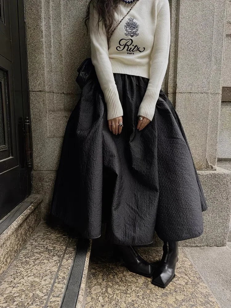 

Spring 2024 CB2024 Textured Relief Puffy A-Line Midi Skirt Slimming High Waist Umbrella f-length Skirt Ele Sle Polye...