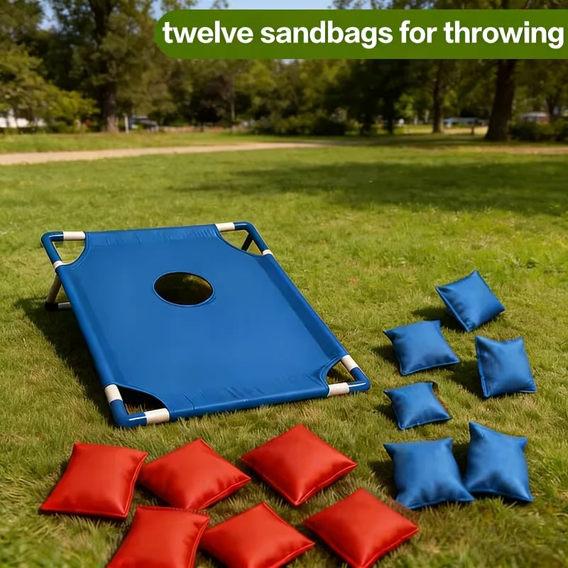 Red and blue portable corn hole game set, includes 12 bean bags, suitable for outdoor activities, family trips, and throwing games, great for home entertainment, party games, easy to carry and set up, made with reinforced materials, a perfect holiday gift